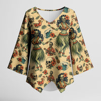 Hawaii Halloween Kimono Sleeve Blouse Spooky Tropical Hula Zombie