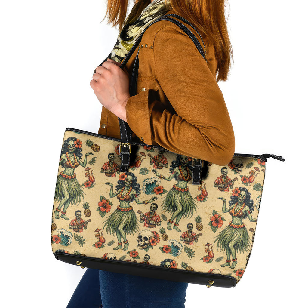 Hawaii Halloween Leather Tote Bag Spooky Tropical Hula Zombie