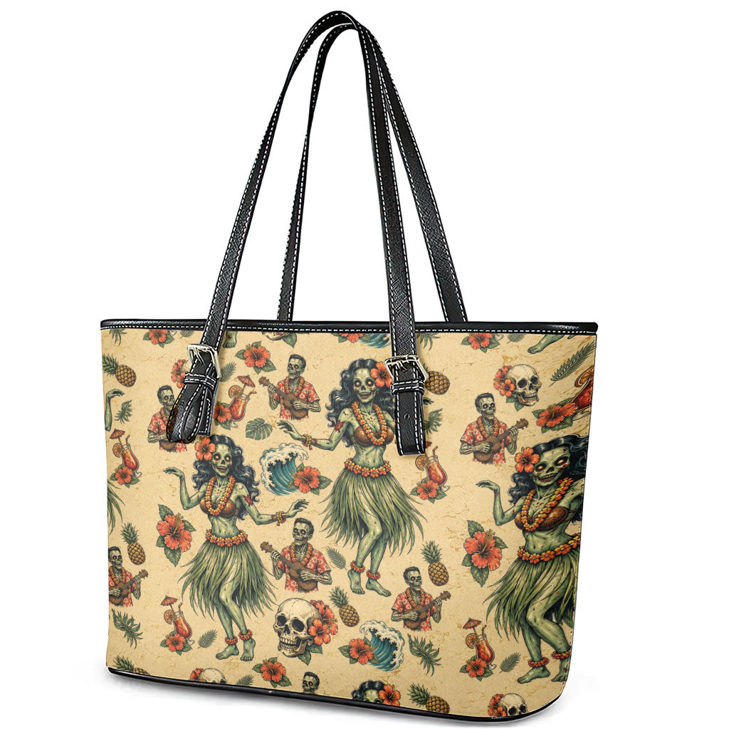 Hawaii Halloween Leather Tote Bag Spooky Tropical Hula Zombie