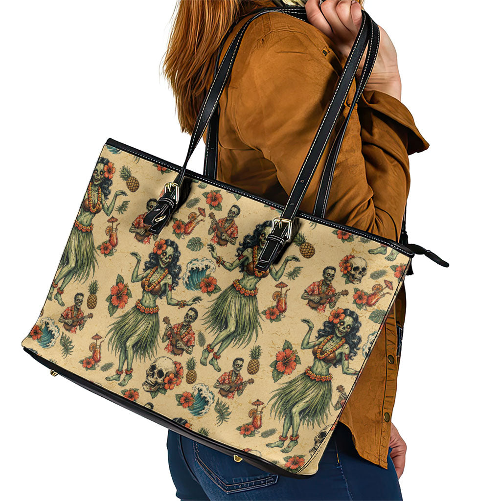 Hawaii Halloween Leather Tote Bag Spooky Tropical Hula Zombie