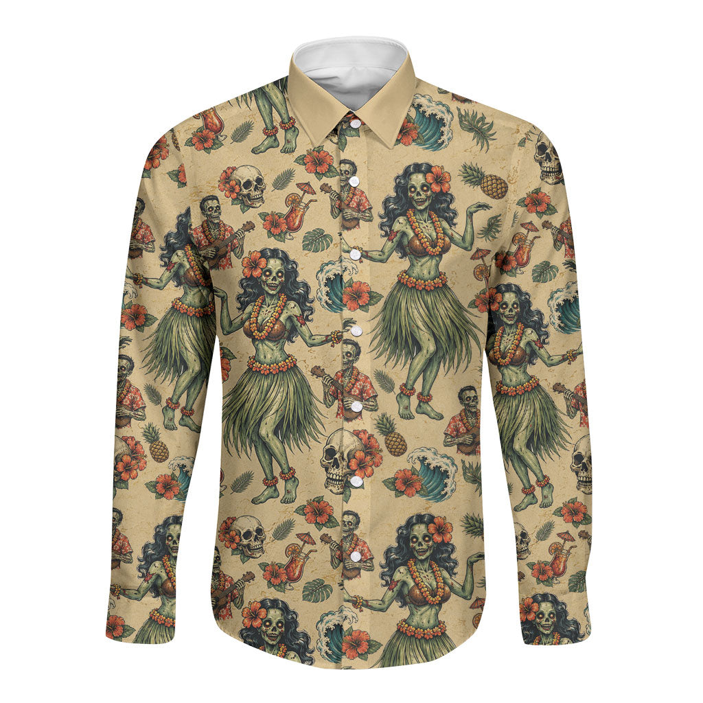 Hawaii Halloween Long Sleeve Button Shirt Spooky Tropical Hula Zombie