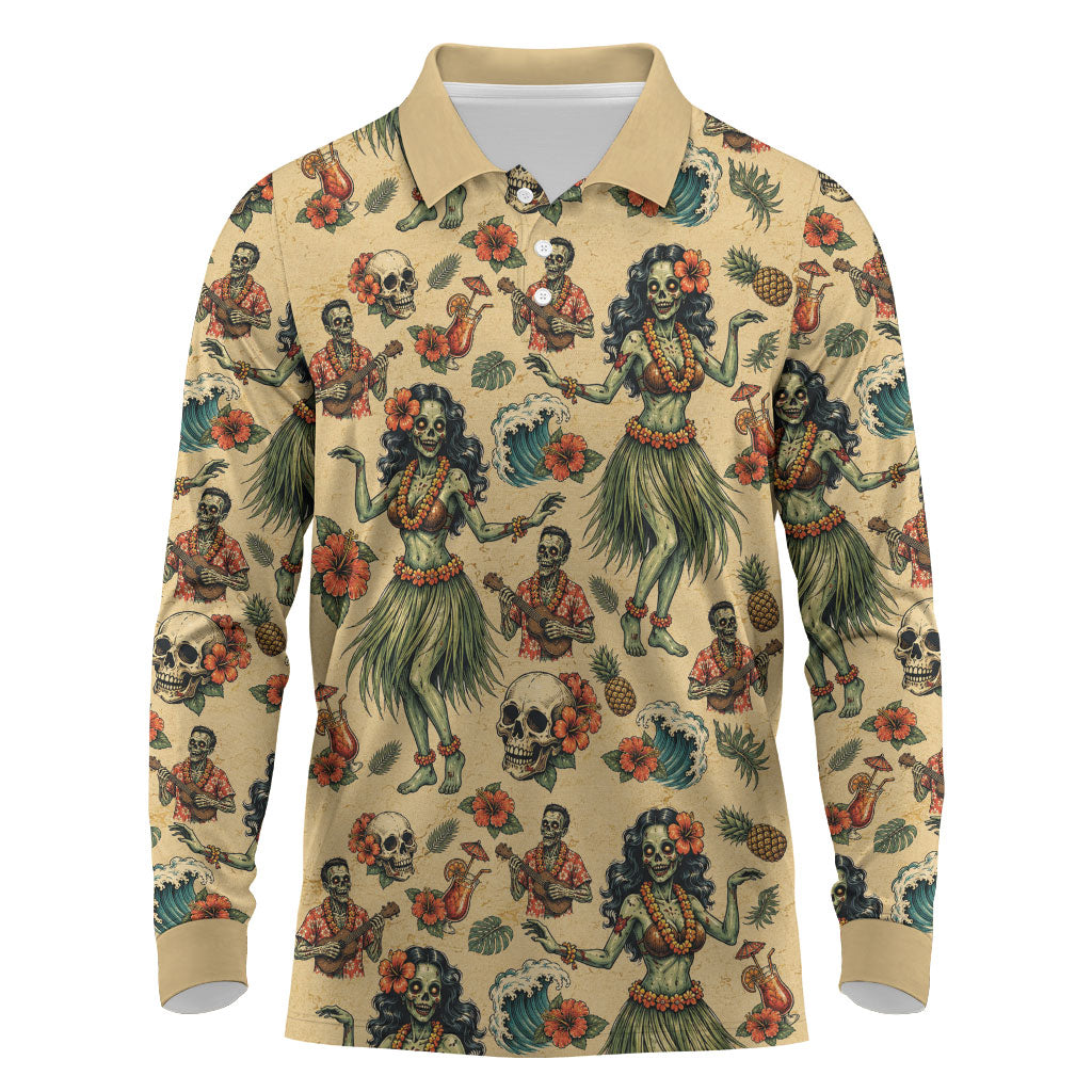 Hawaii Halloween Long Sleeve Polo Shirt Spooky Tropical Hula Zombie