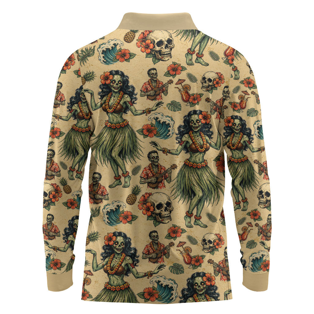 Hawaii Halloween Long Sleeve Polo Shirt Spooky Tropical Hula Zombie