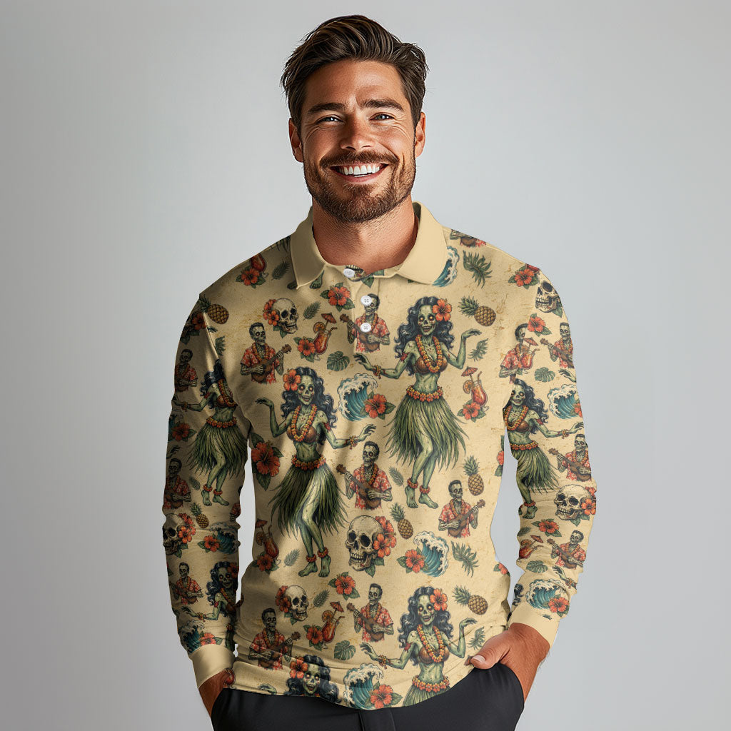 Hawaii Halloween Long Sleeve Polo Shirt Spooky Tropical Hula Zombie