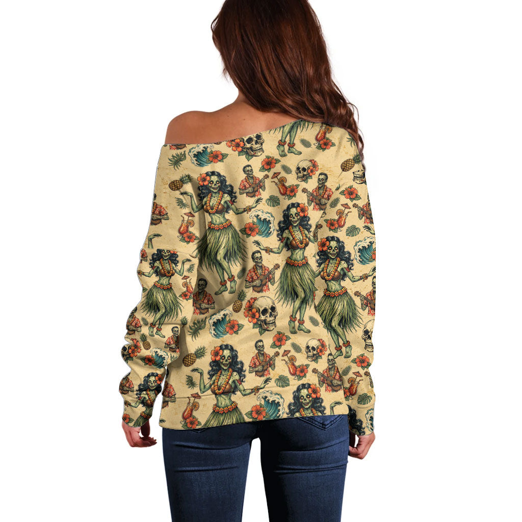 Hawaii Halloween Off Shoulder Sweater Spooky Tropical Hula Zombie