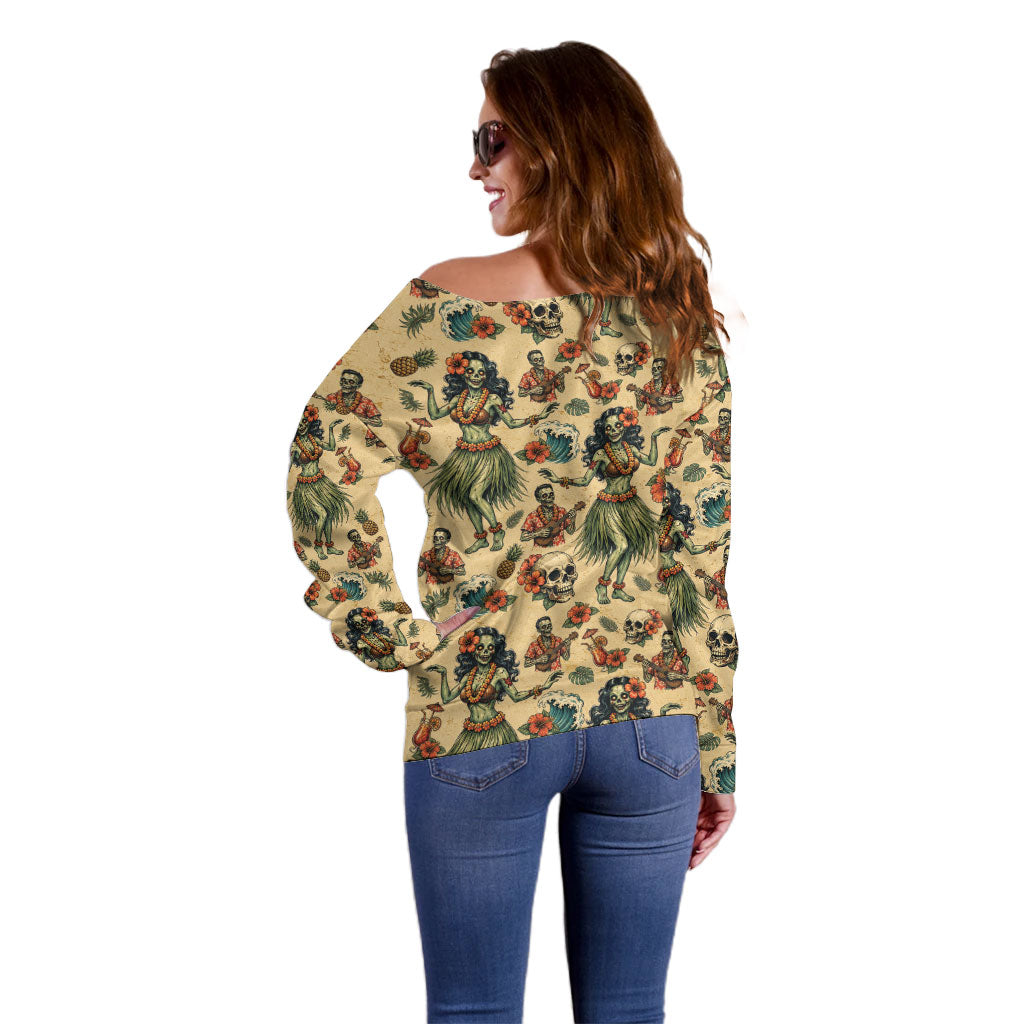 Hawaii Halloween Off Shoulder Sweater Spooky Tropical Hula Zombie