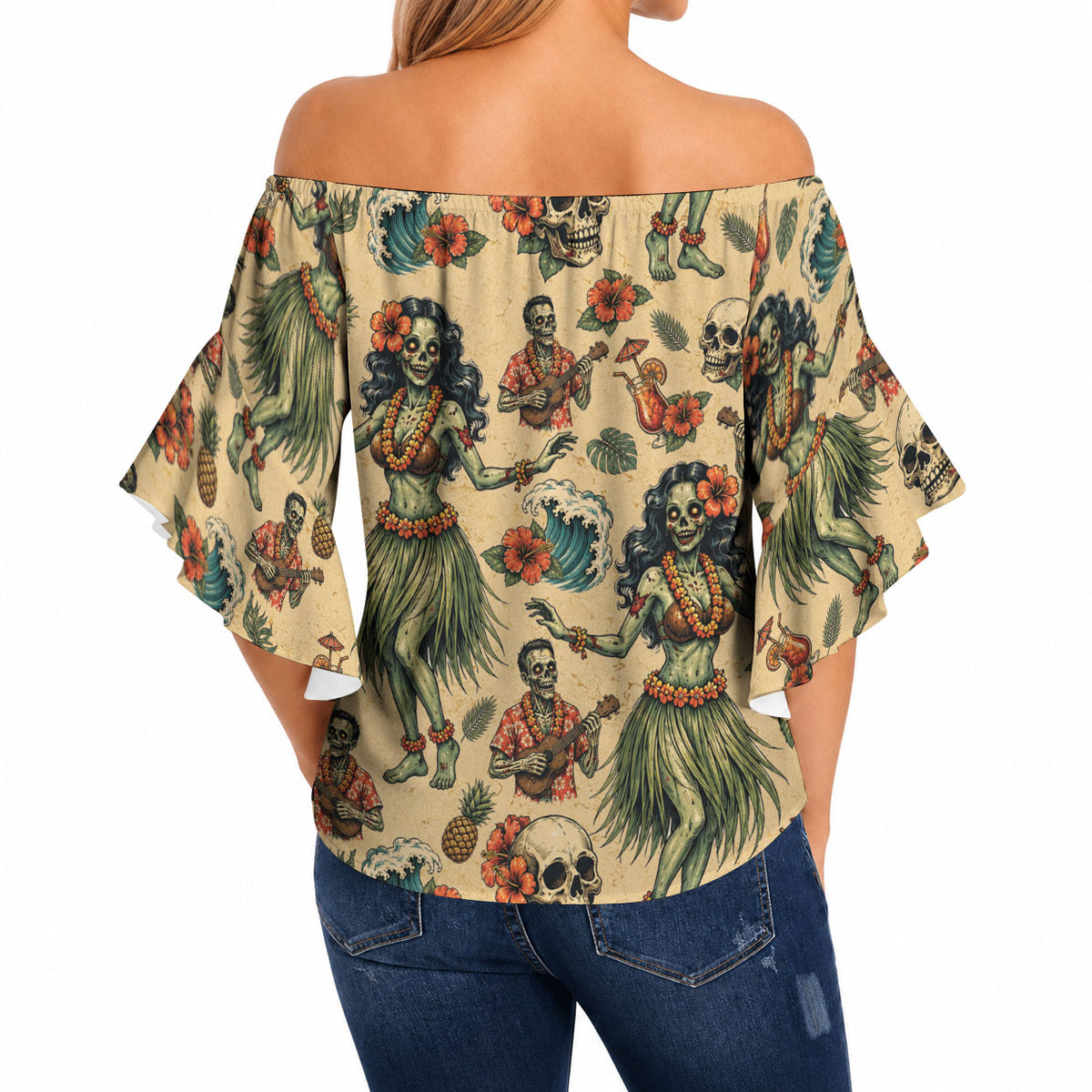 Hawaii Halloween Off Shoulder Wrap Waist Top Spooky Tropical Hula Zombie