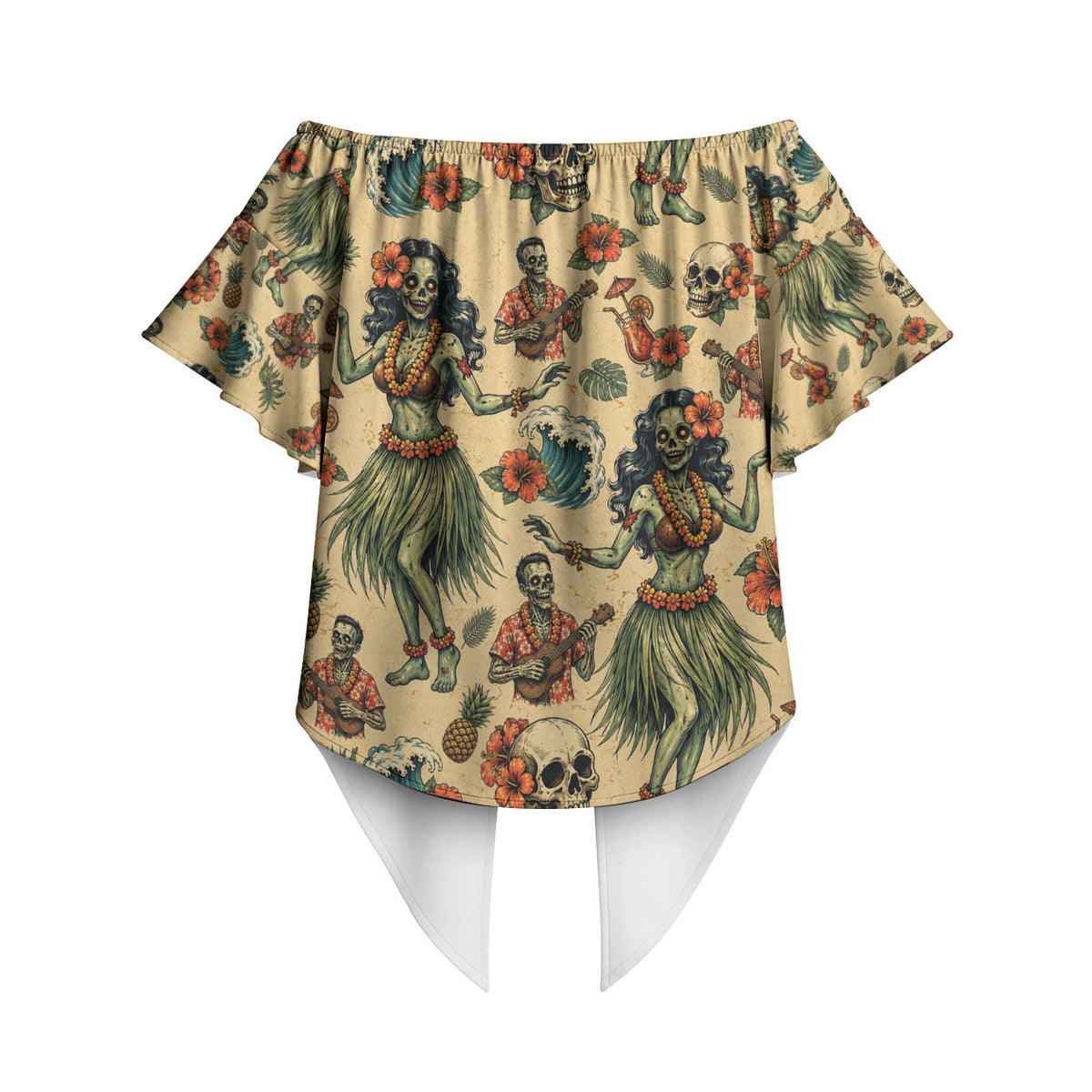Hawaii Halloween Off Shoulder Wrap Waist Top Spooky Tropical Hula Zombie