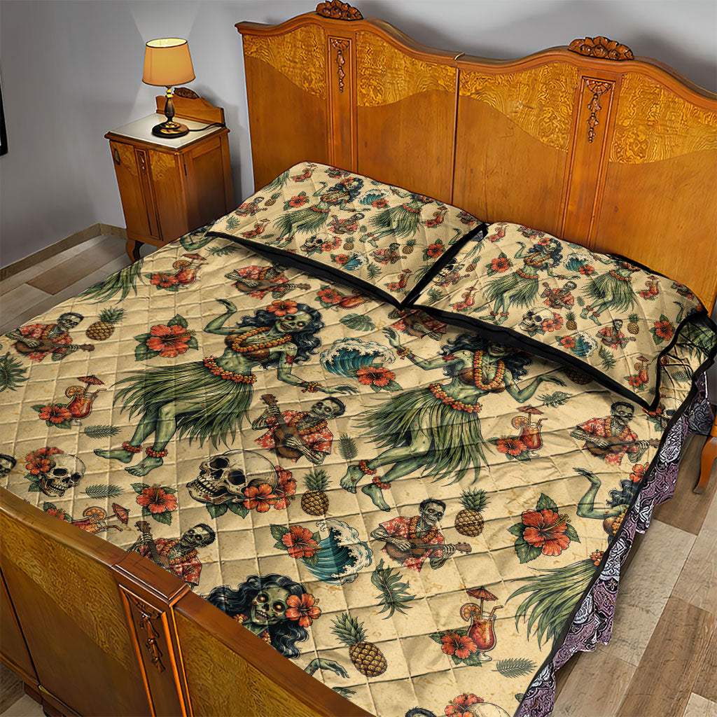 Hawaii Halloween Quilt Bed Set Spooky Tropical Hula Zombie