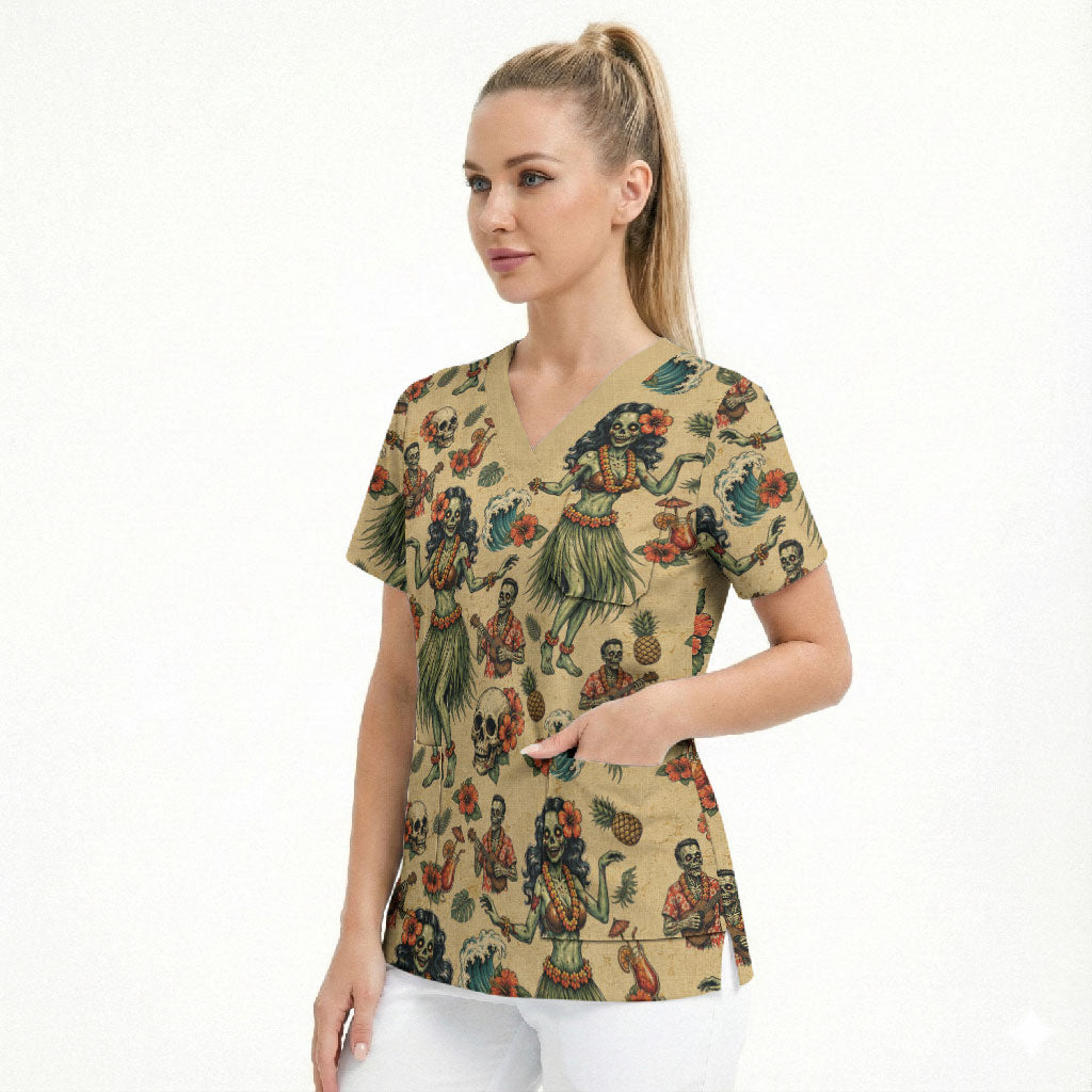 Hawaii Halloween Scrub Top Spooky Tropical Hula Zombie
