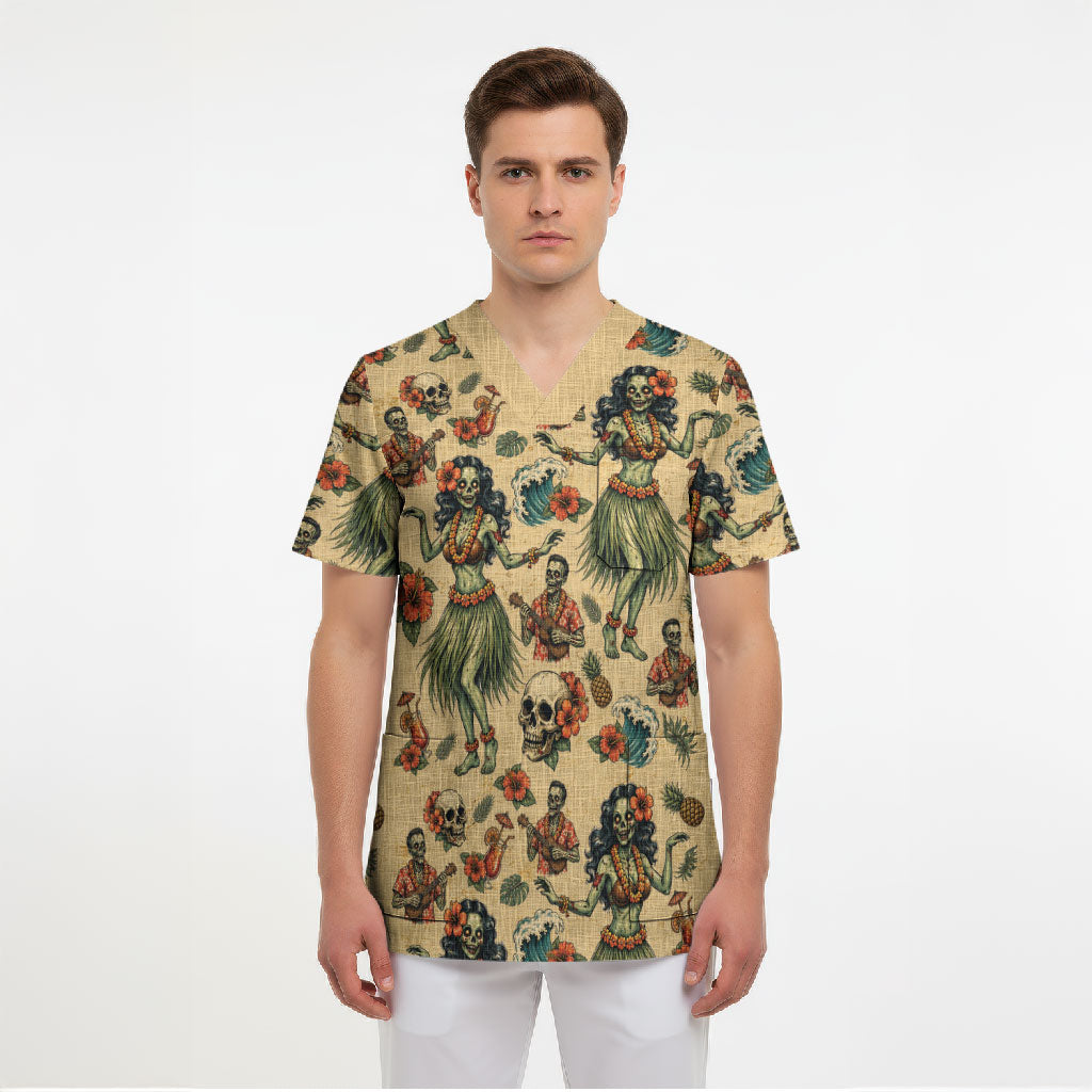 Hawaii Halloween Scrub Top Spooky Tropical Hula Zombie