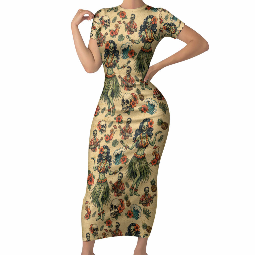 Hawaii Halloween Short Sleeve Bodycon Dress Spooky Tropical Hula Zombie