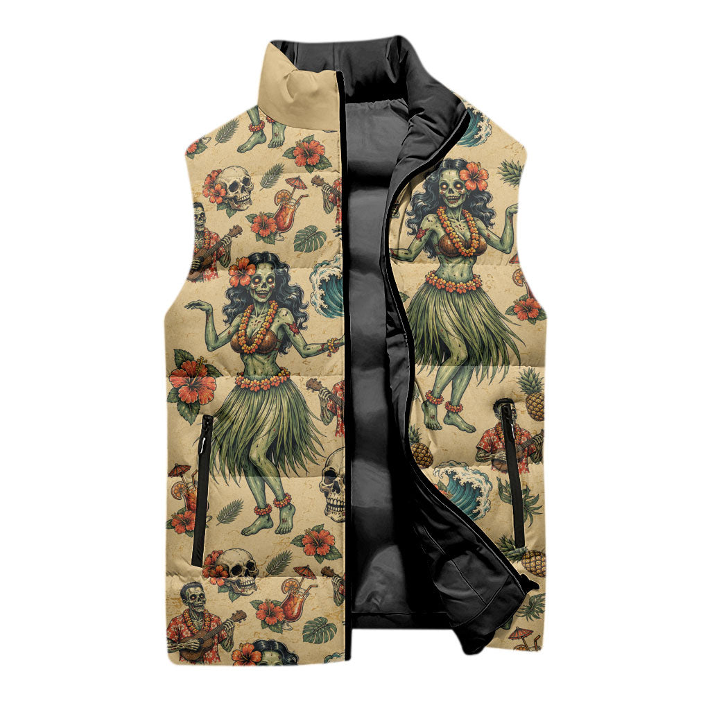 Hawaii Halloween Sleeveless Puffer Jacket Spooky Tropical Hula Zombie