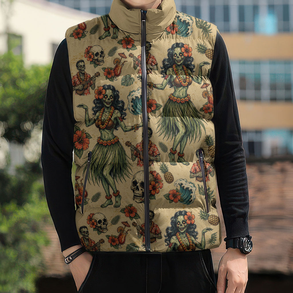 Hawaii Halloween Sleeveless Puffer Jacket Spooky Tropical Hula Zombie