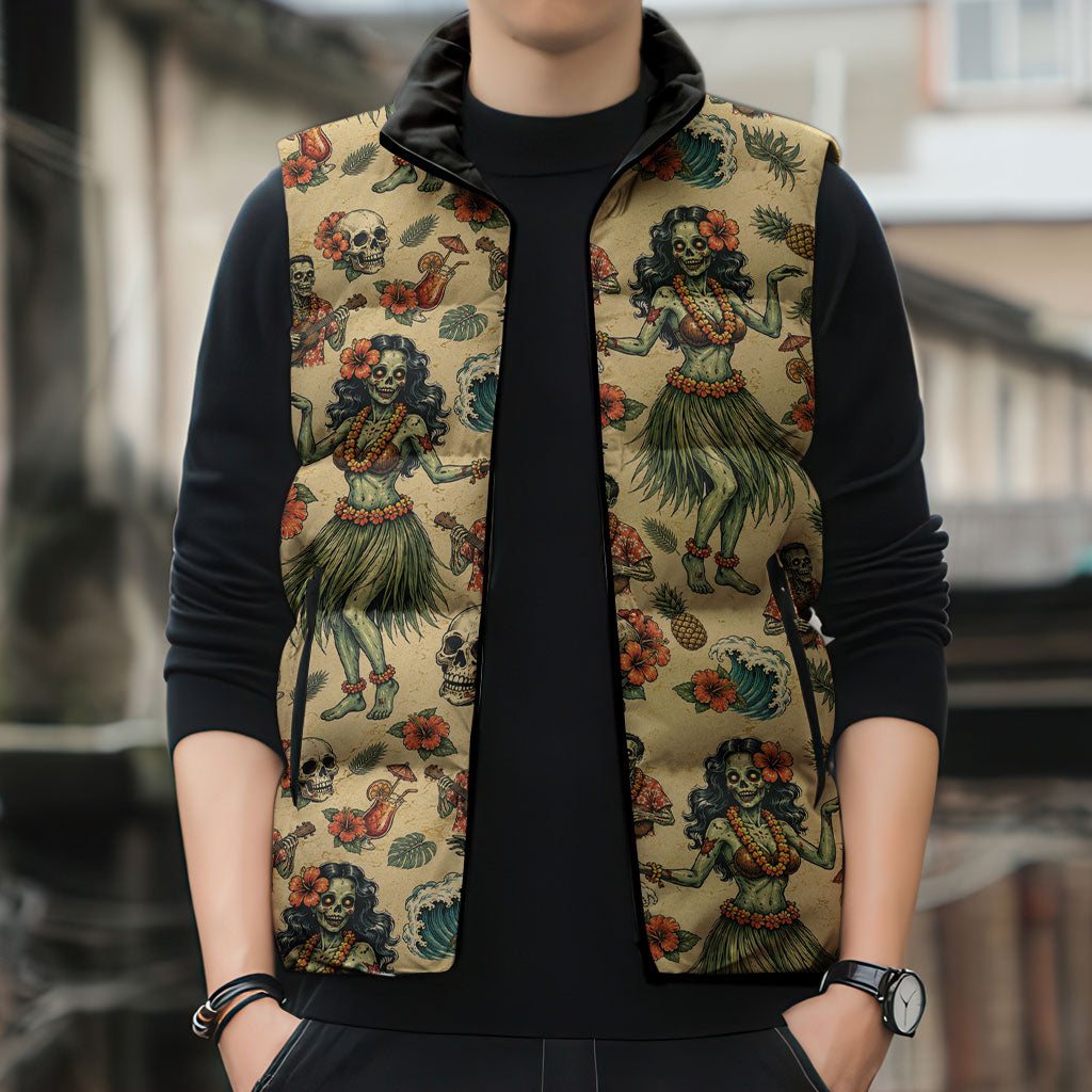 Hawaii Halloween Sleeveless Puffer Jacket Spooky Tropical Hula Zombie