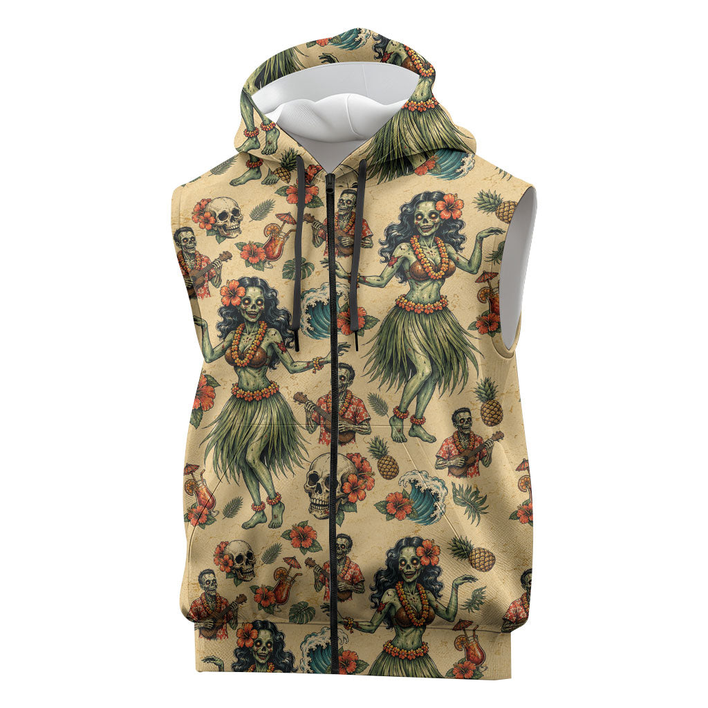 Hawaii Halloween Sleeveless Zip Hoodie Spooky Tropical Hula Zombie