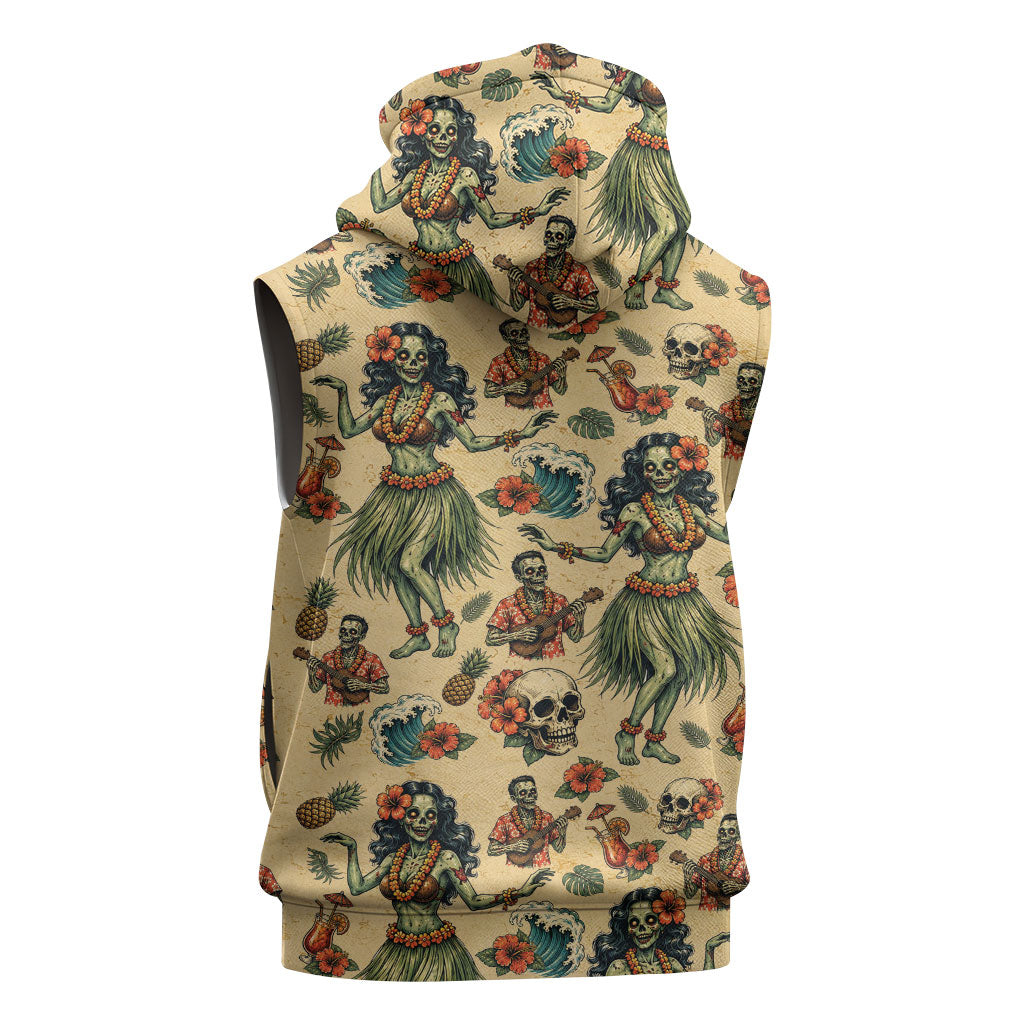 Hawaii Halloween Sleeveless Zip Hoodie Spooky Tropical Hula Zombie