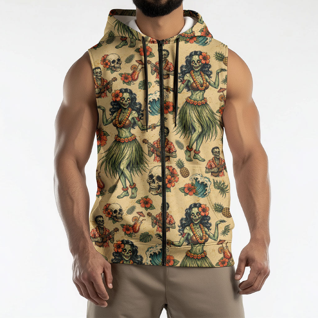 Hawaii Halloween Sleeveless Zip Hoodie Spooky Tropical Hula Zombie