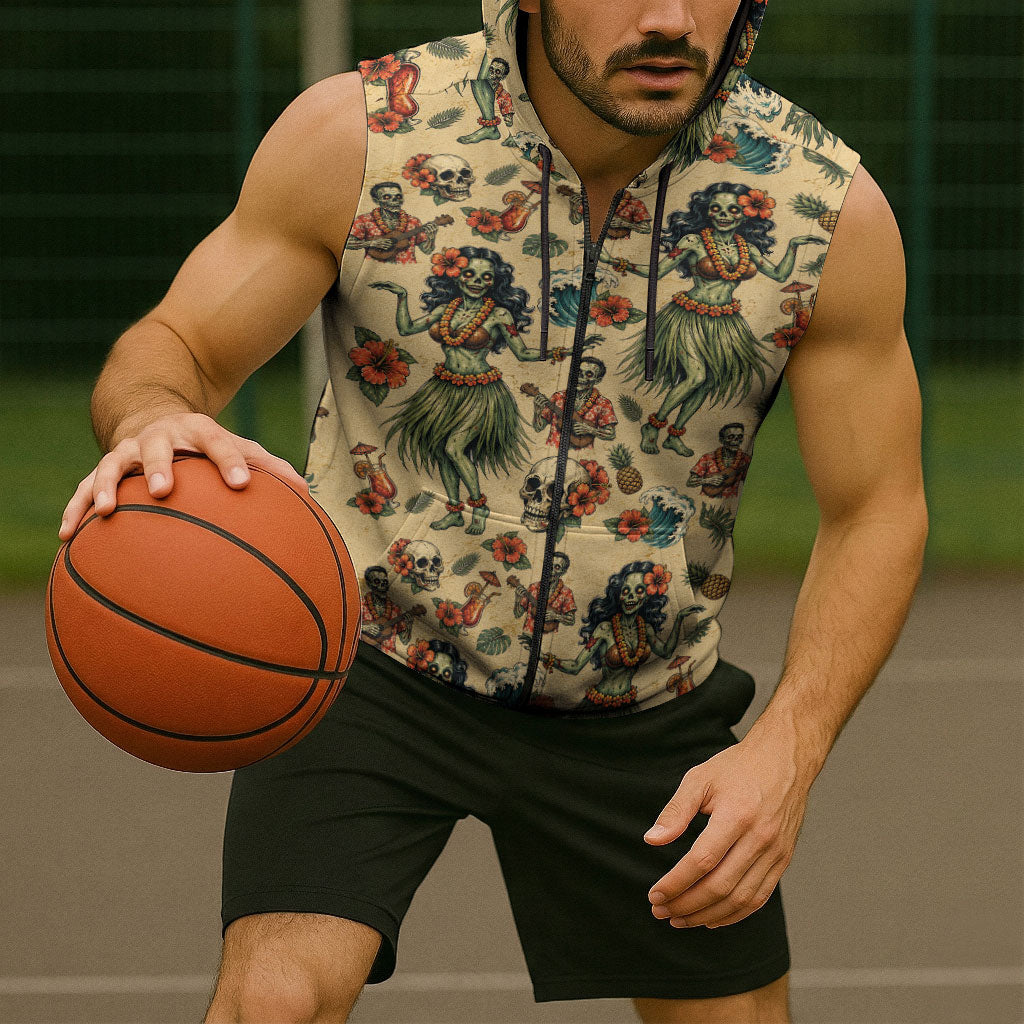 Hawaii Halloween Sleeveless Zip Hoodie Spooky Tropical Hula Zombie