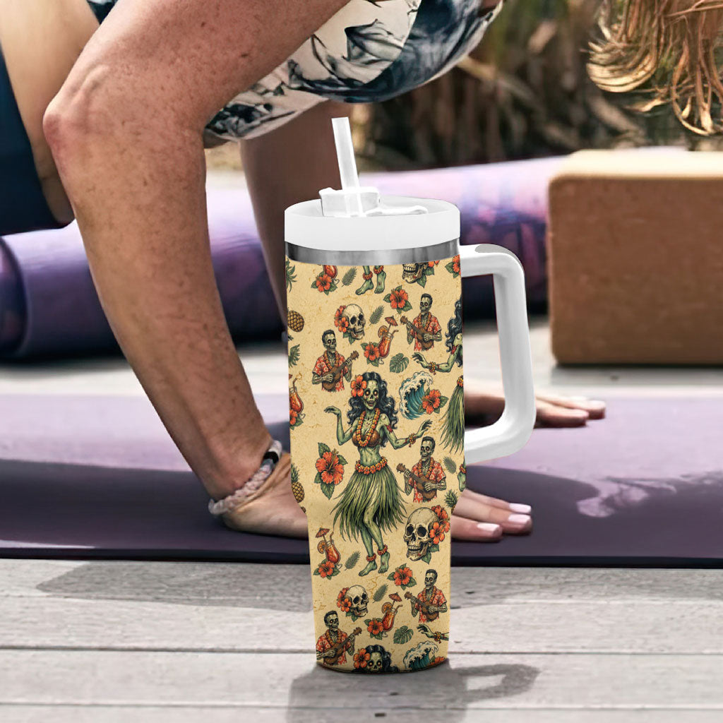 Hawaii Halloween Tumbler With Handle Spooky Tropical Hula Zombie