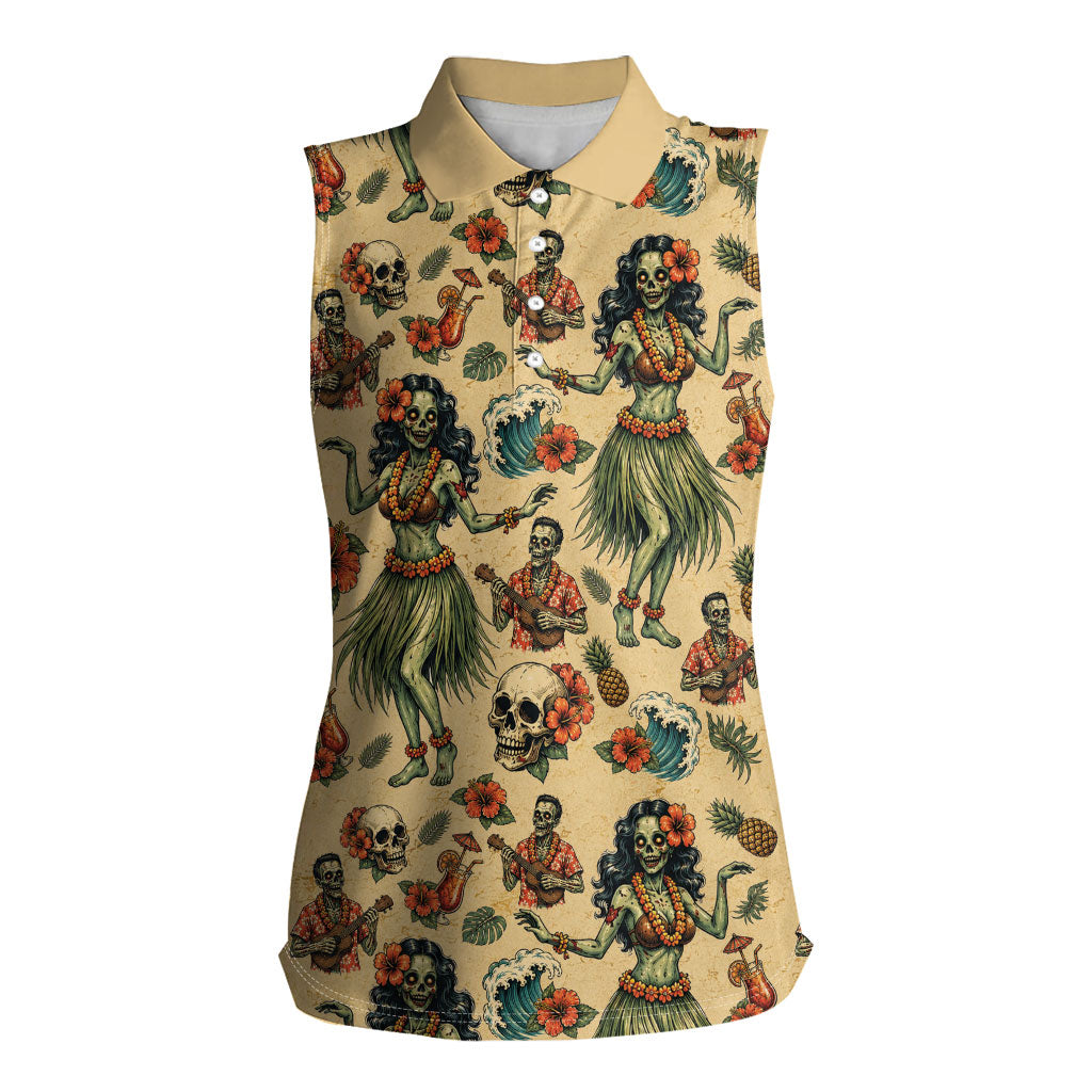 Hawaii Halloween Women Sleeveless Polo Shirt Spooky Tropical Hula Zombie