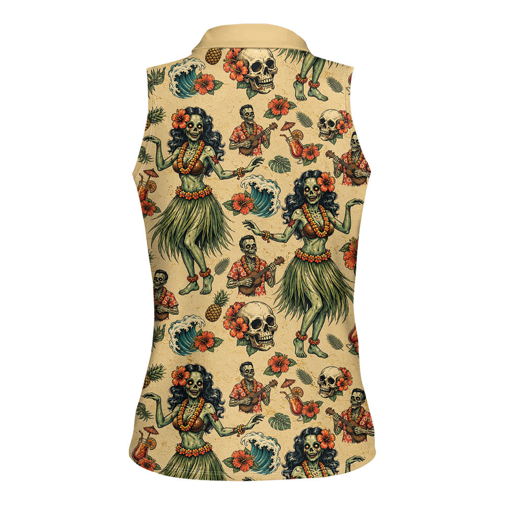Hawaii Halloween Women Sleeveless Polo Shirt Spooky Tropical Hula Zombie