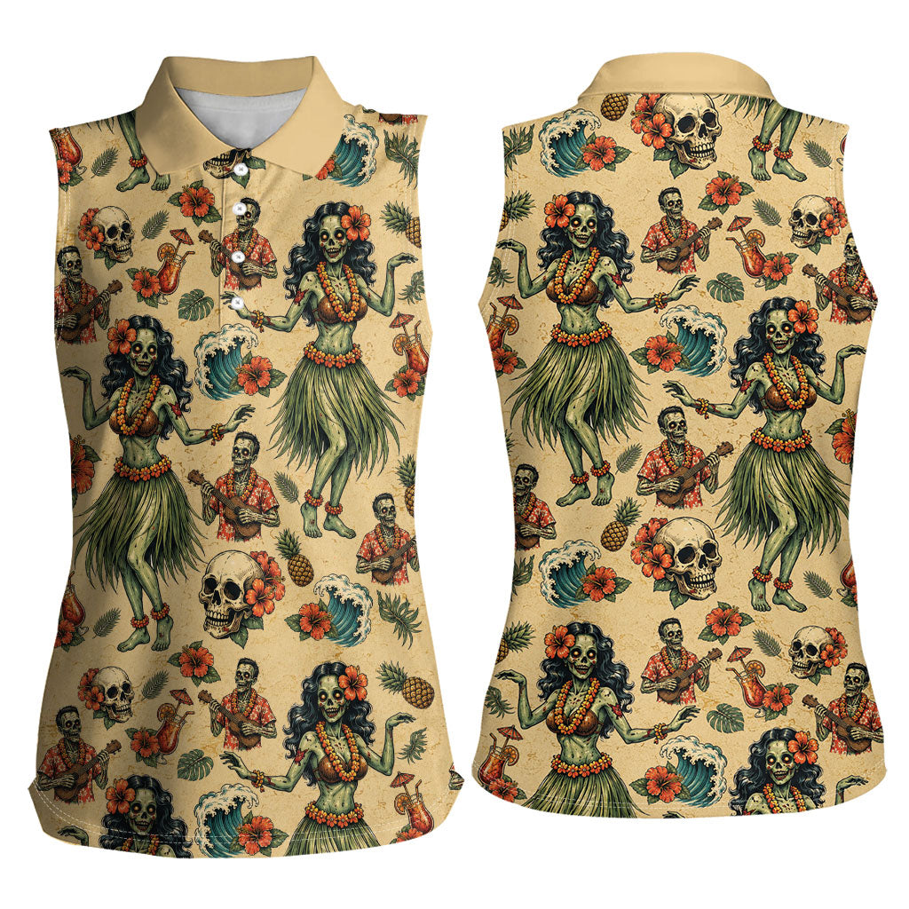Hawaii Halloween Women Sleeveless Polo Shirt Spooky Tropical Hula Zombie