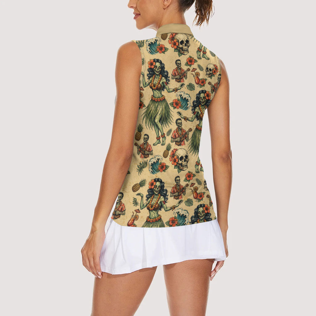 Hawaii Halloween Women Sleeveless Polo Shirt Spooky Tropical Hula Zombie