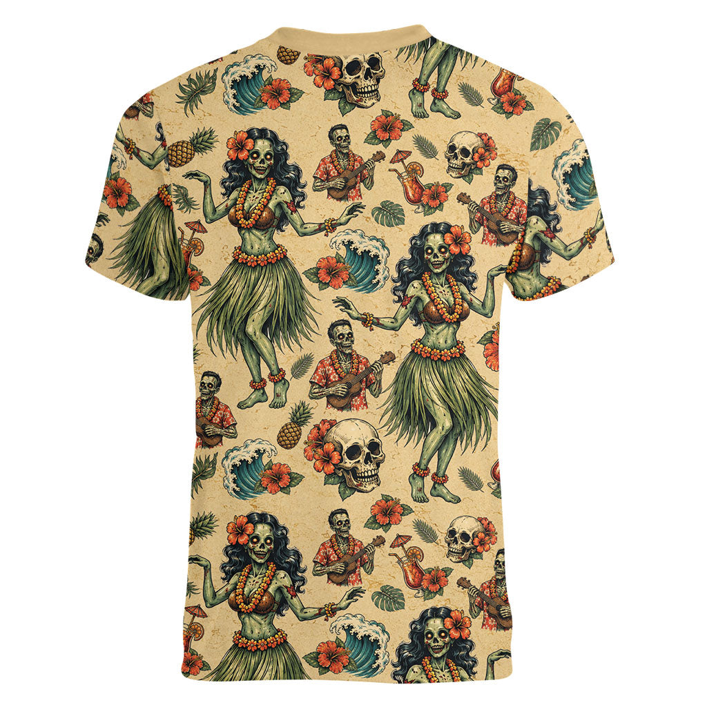 Hawaii Halloween Women V-Neck T-Shirt Spooky Tropical Hula Zombie
