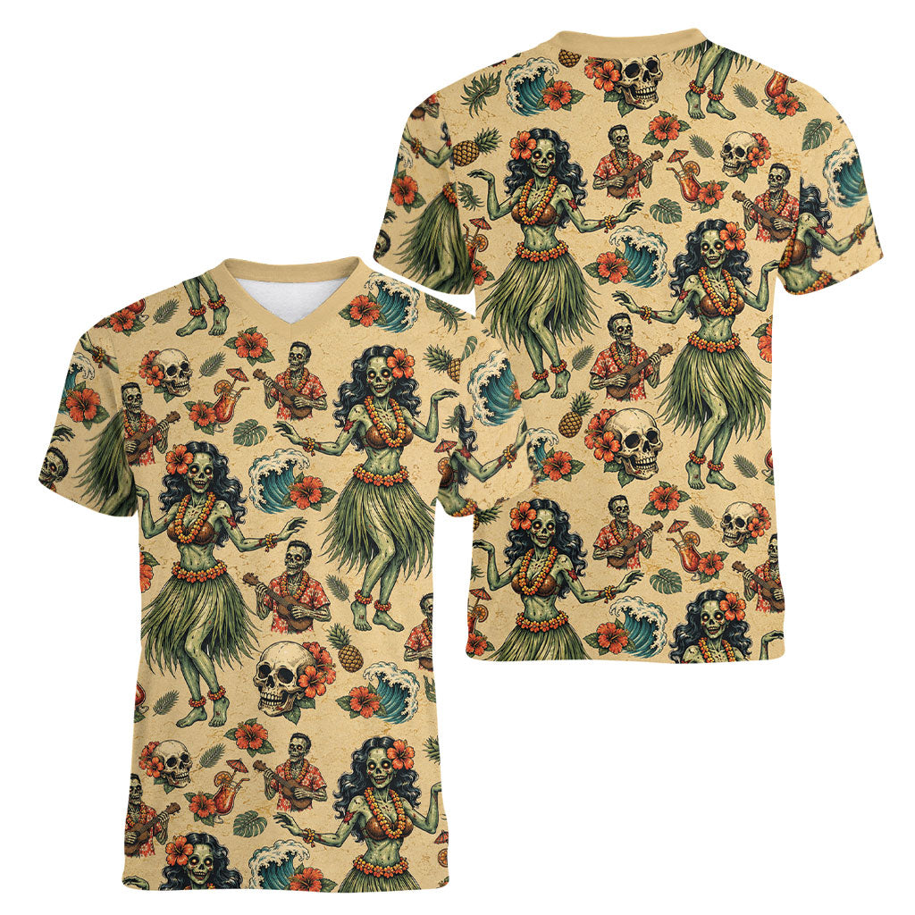 Hawaii Halloween Women V-Neck T-Shirt Spooky Tropical Hula Zombie