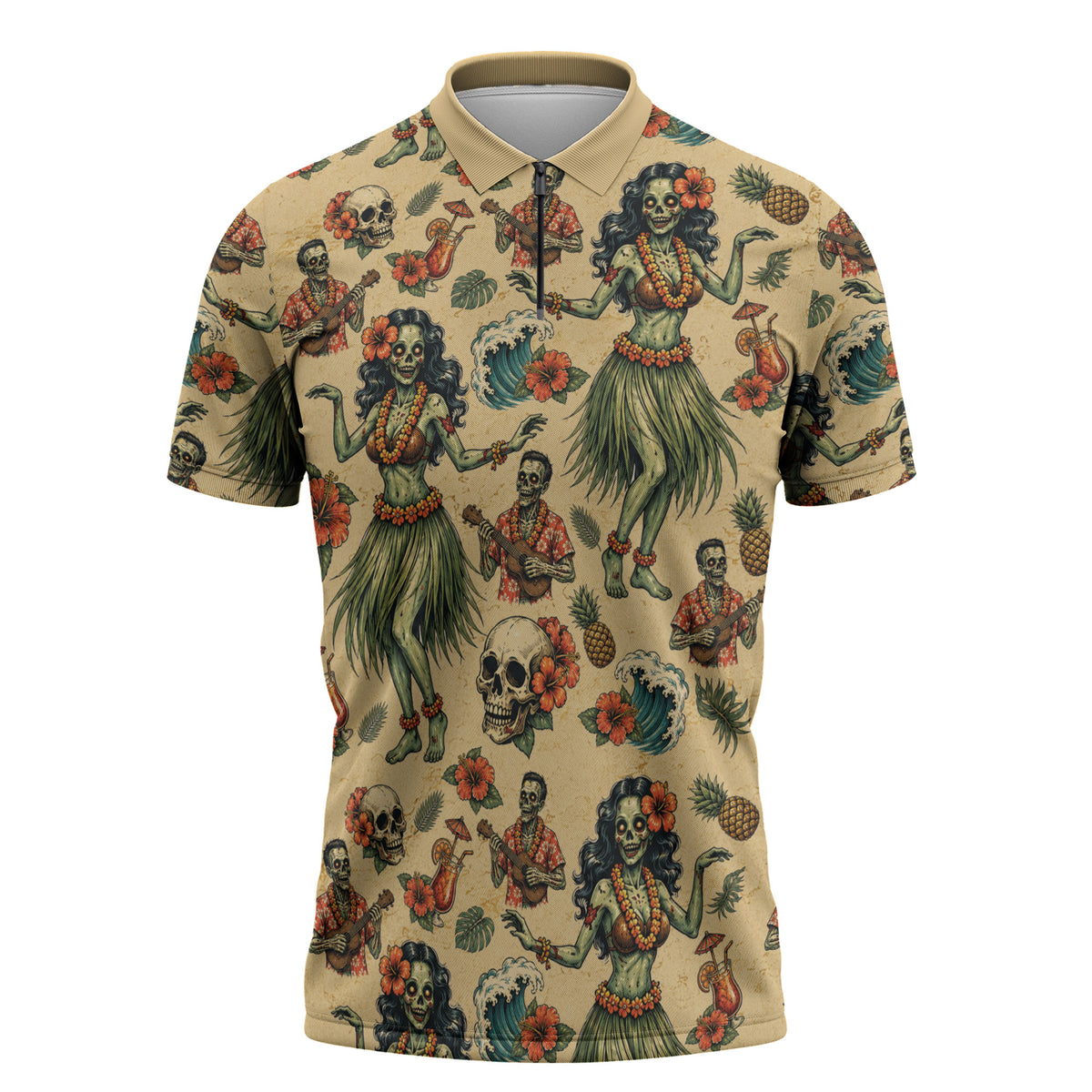 Hawaii Halloween Zipper Polo Shirt Spooky Tropical Hula Zombie
