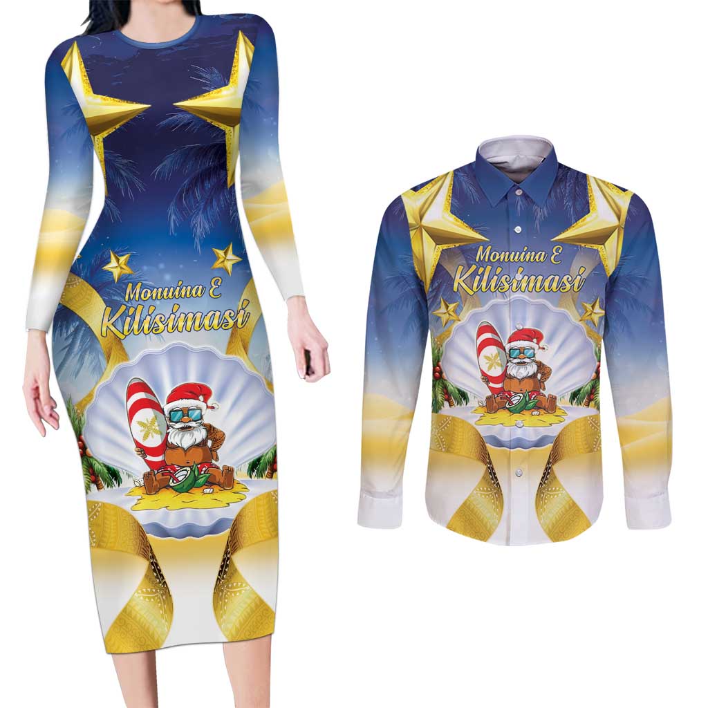 Niue Christmas Couples Matching Long Sleeve Bodycon Dress and Long Sleeve Button Shirt Seashell Santa Beach Vibes - Polynesian Pride