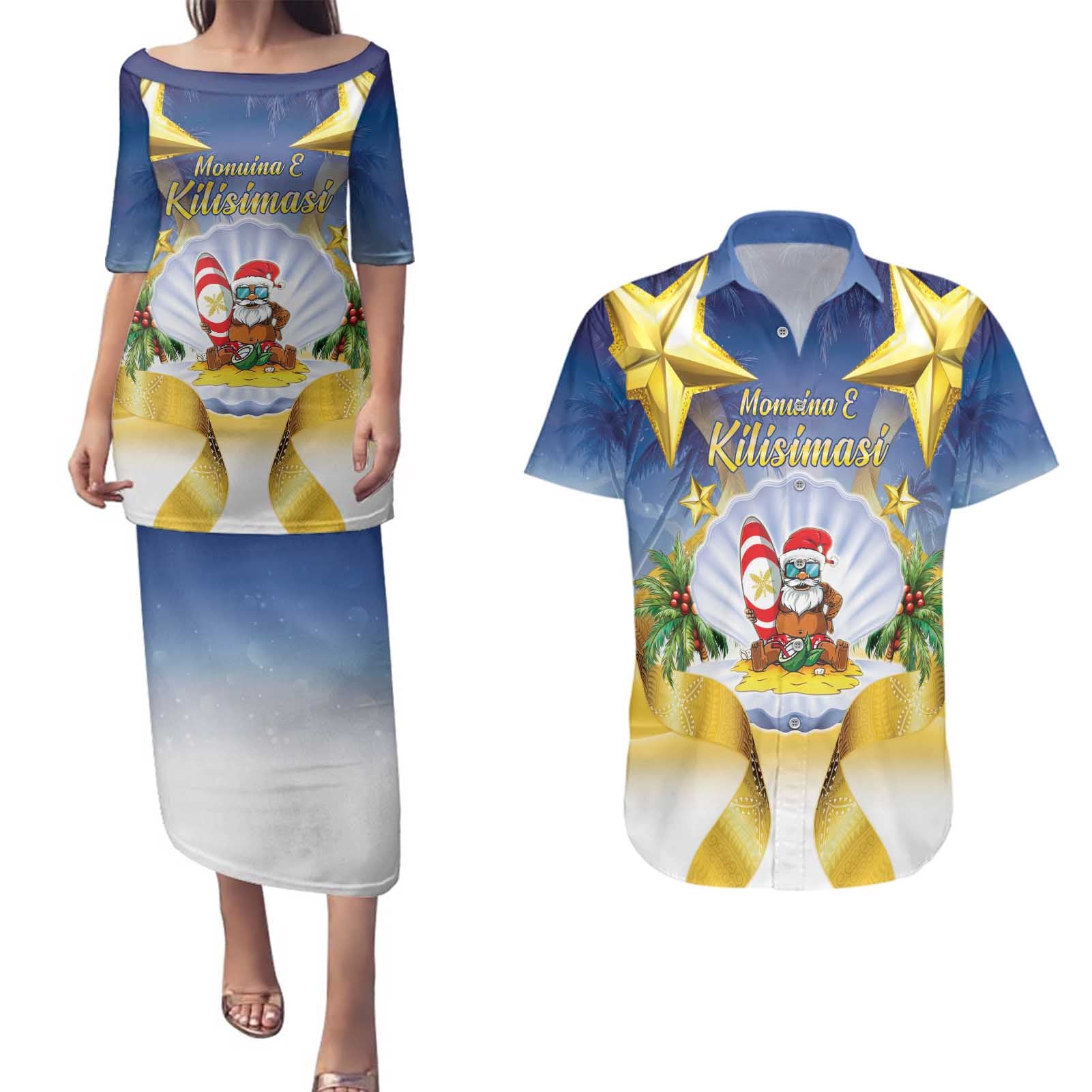 Niue Christmas Couples Matching Puletasi and Hawaiian Shirt Seashell Santa Beach Vibes - Polynesian Pride