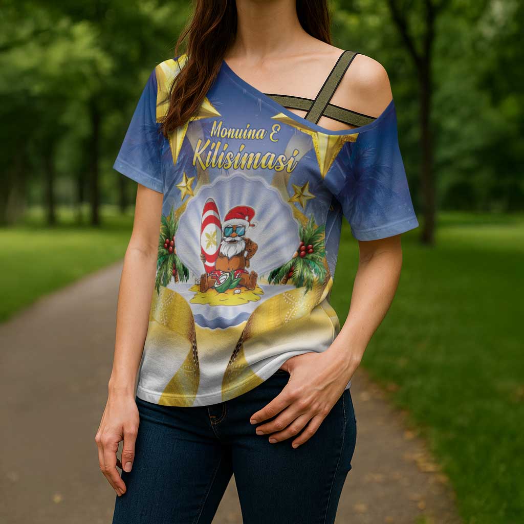 Niue Christmas Cross Shoulder Shirt Seashell Santa Beach Vibes - Polynesian Pride