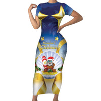 Niue Christmas Short Sleeve Bodycon Dress Seashell Santa Beach Vibes - Polynesian Pride