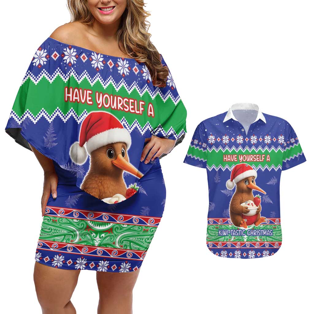 New Zealand Christmas Couples Matching Off Shoulder Short Dress and Hawaiian Shirt Have Yourself A Kiwi-tastic Christmas - Polynesian Pride