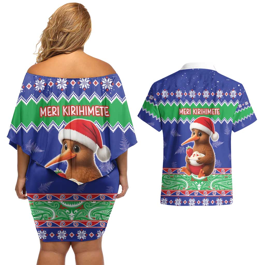 New Zealand Christmas Couples Matching Off Shoulder Short Dress and Hawaiian Shirt Have Yourself A Kiwi-tastic Christmas - Polynesian Pride