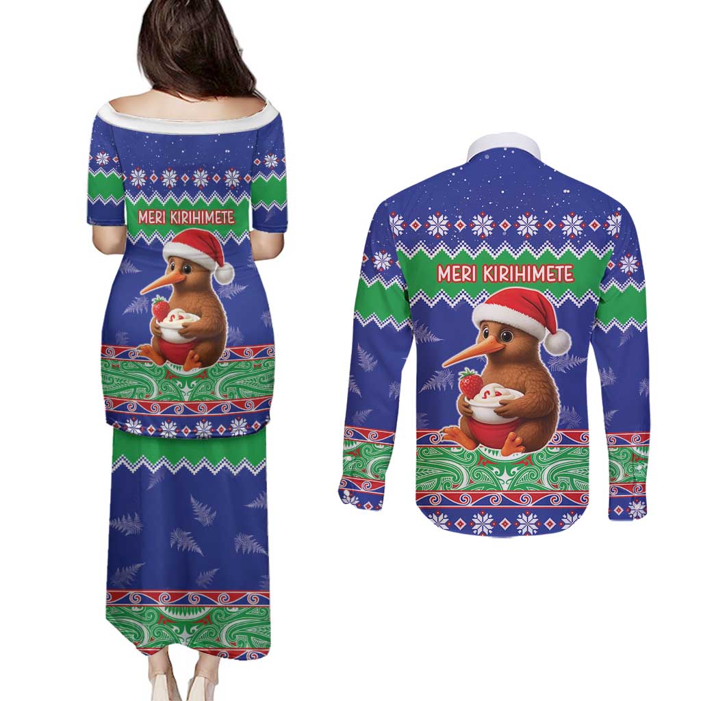 New Zealand Christmas Couples Matching Puletasi and Long Sleeve Button Shirt Have Yourself A Kiwi-tastic Christmas - Polynesian Pride