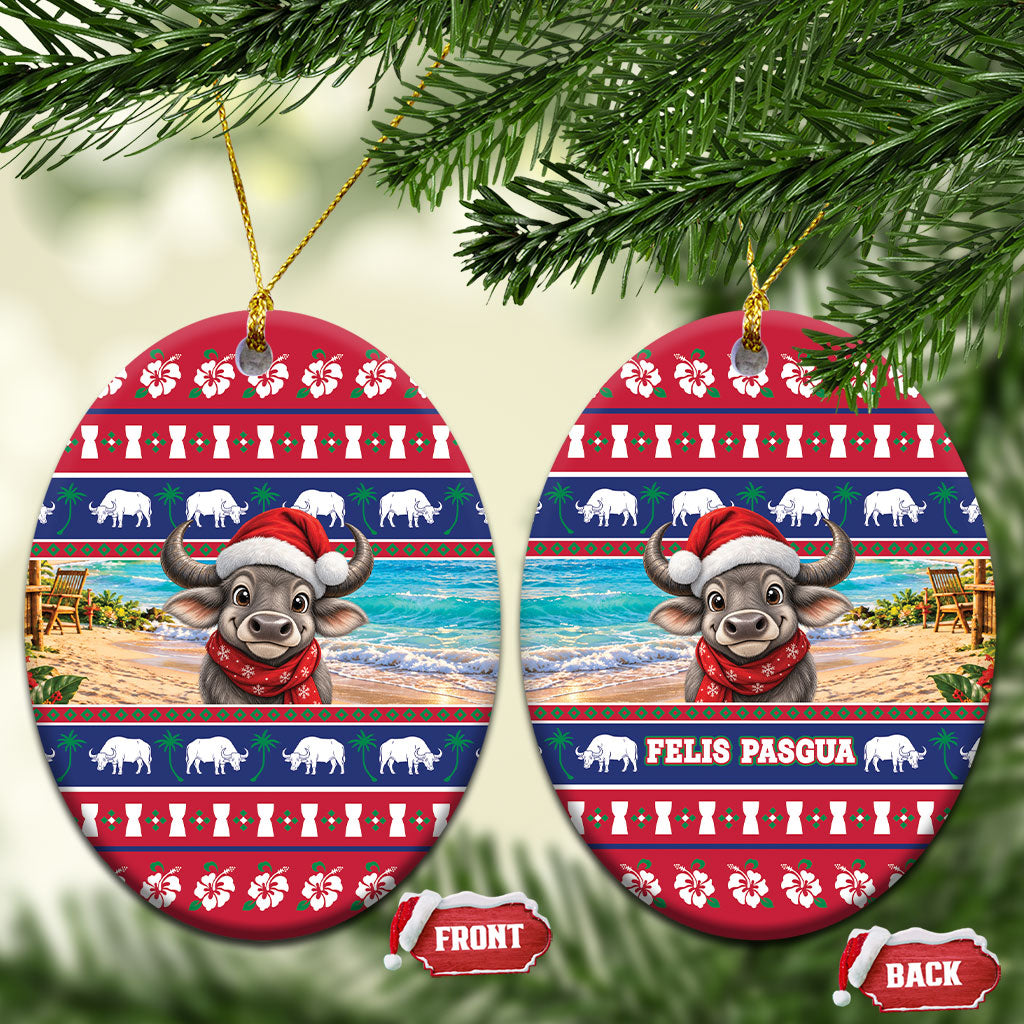 Guam Christmas Ceramic Ornament Felis Pasgua Carabao Santa LT05 Oval Red - Polynesian Pride