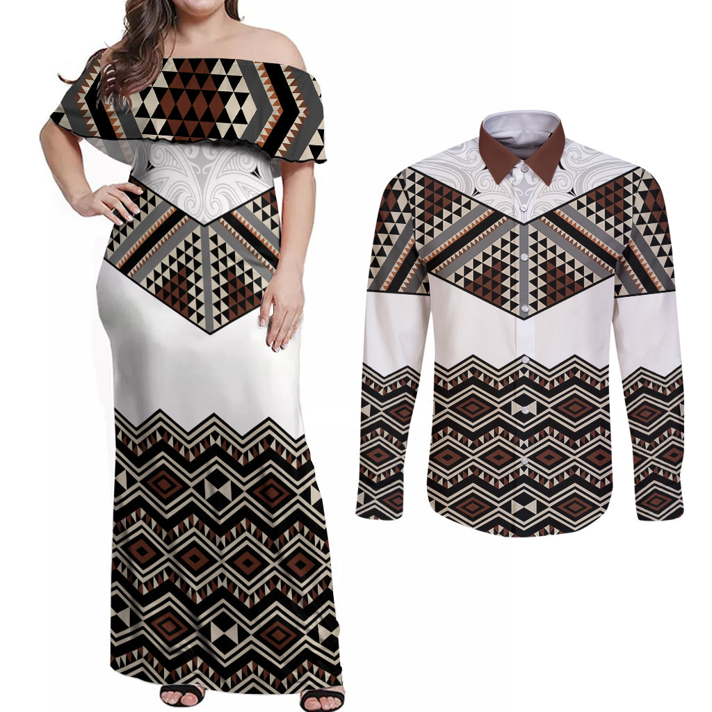 New Zealand Aotearoa Couples Matching Off Shoulder Maxi Dress and Long Sleeve Button Shirt Taniko Art Simple Style LT05 Brown - Polynesian Pride
