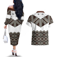 New Zealand Aotearoa Couples Matching Off The Shoulder Long Sleeve Dress and Hawaiian Shirt Taniko Art Simple Style LT05 - Polynesian Pride