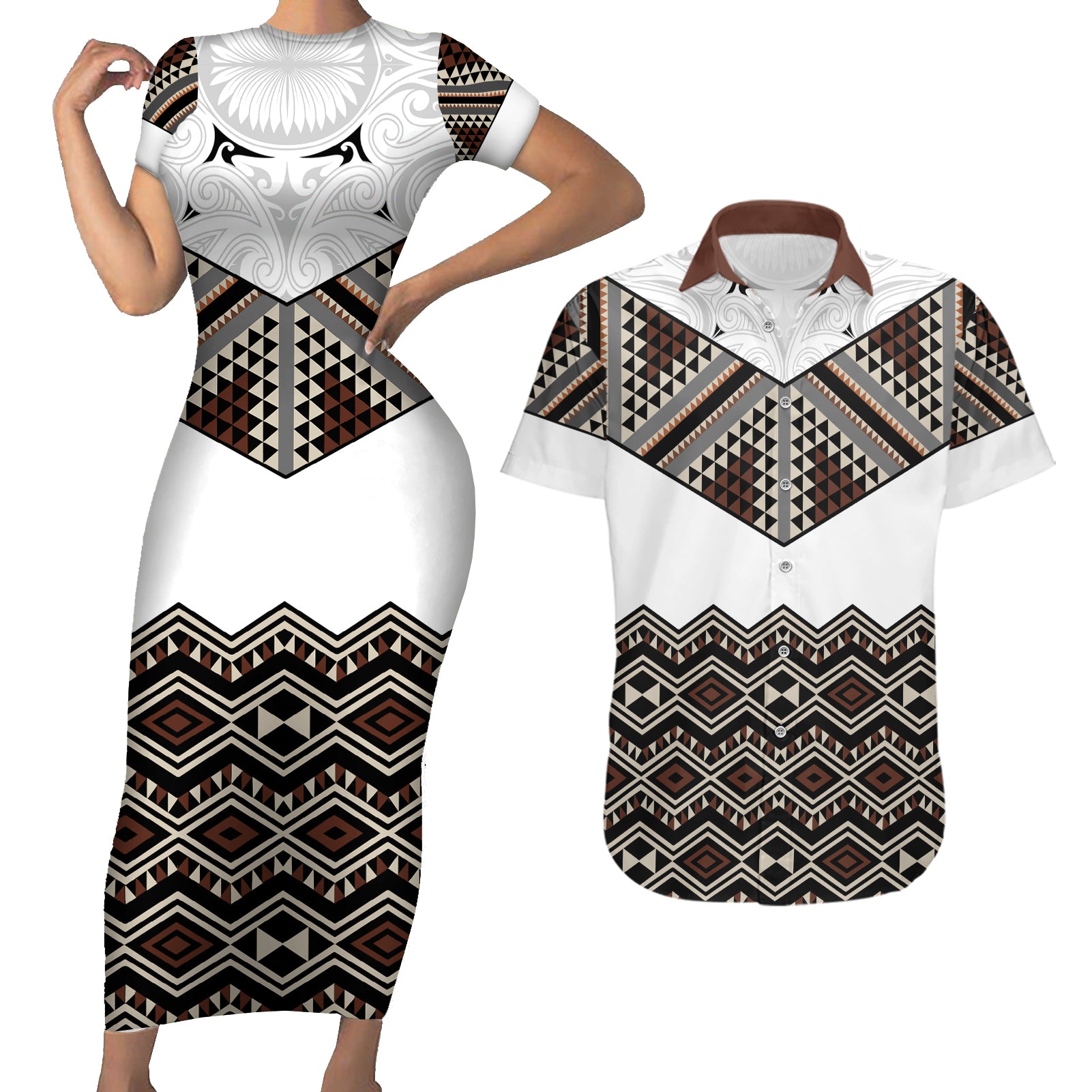 New Zealand Aotearoa Couples Matching Short Sleeve Bodycon Dress and Hawaiian Shirt Taniko Art Simple Style LT05 Brown - Polynesian Pride