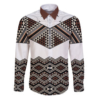 New Zealand Aotearoa Family Matching Off Shoulder Short Dress and Hawaiian Shirt Taniko Art Simple Style LT05 Dad's Shirt - Long Sleeve Brown - Polynesian Pride