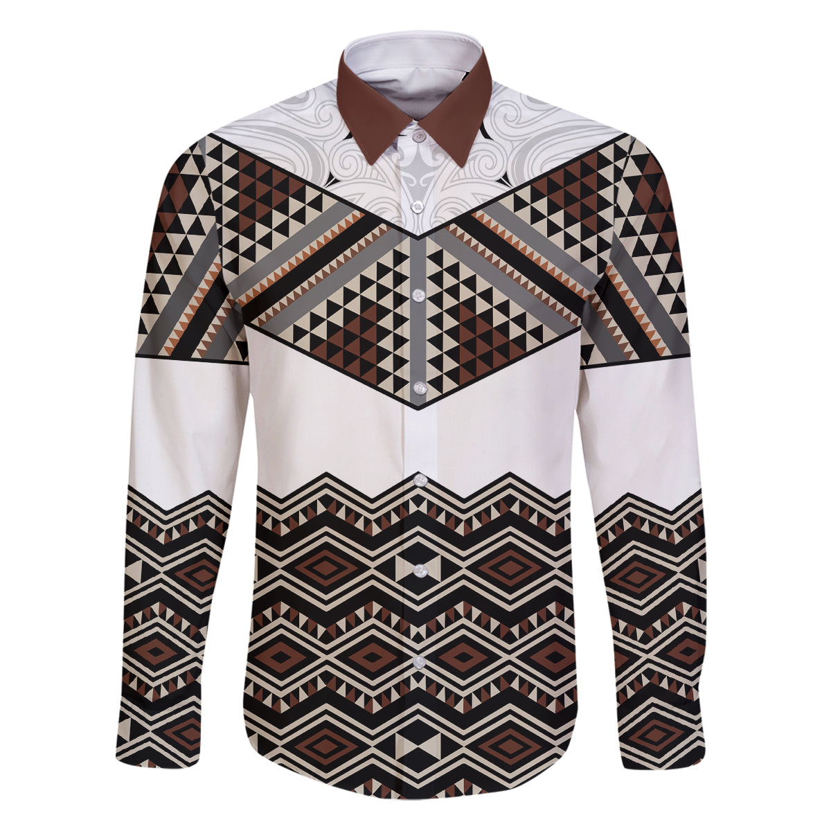 New Zealand Aotearoa Family Matching Puletasi Dress and Hawaiian Shirt Taniko Art Simple Style LT05 Dad's Shirt - Long Sleeve Brown - Polynesian Pride