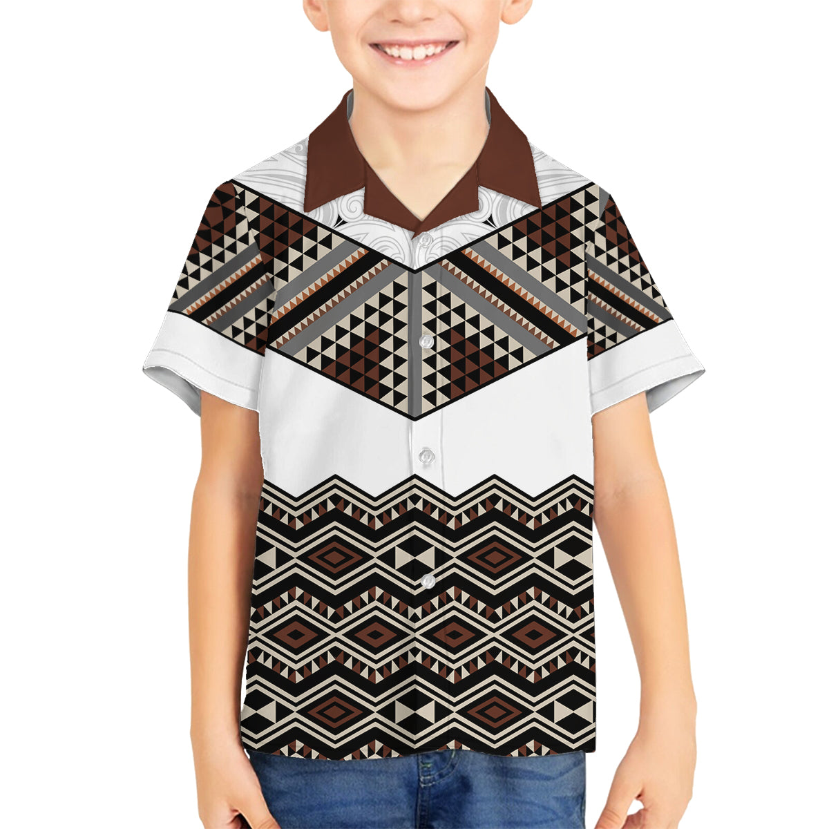 New Zealand Aotearoa Family Matching Puletasi Dress and Hawaiian Shirt Taniko Art Simple Style LT05 Son's Shirt Brown - Polynesian Pride