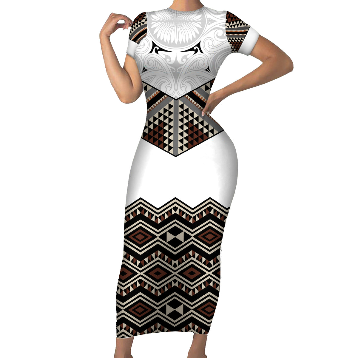 New Zealand Aotearoa Family Matching Short Sleeve Bodycon Dress and Hawaiian Shirt Taniko Art Simple Style LT05 Mom's Dress Brown - Polynesian Pride