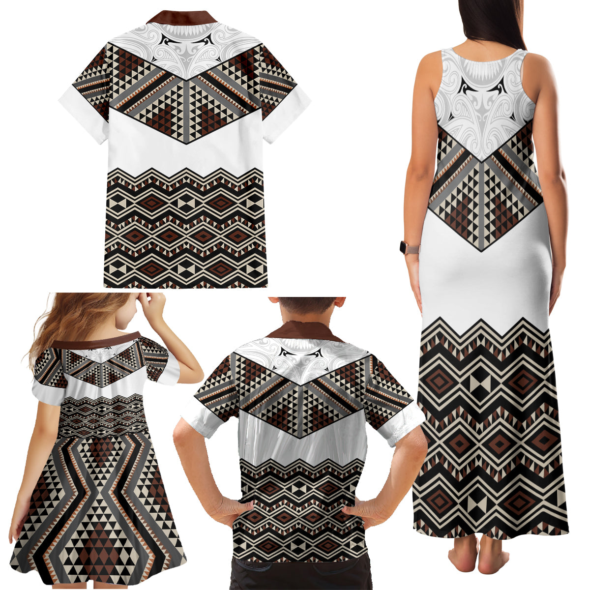 New Zealand Aotearoa Family Matching Tank Maxi Dress and Hawaiian Shirt Taniko Art Simple Style LT05 - Polynesian Pride