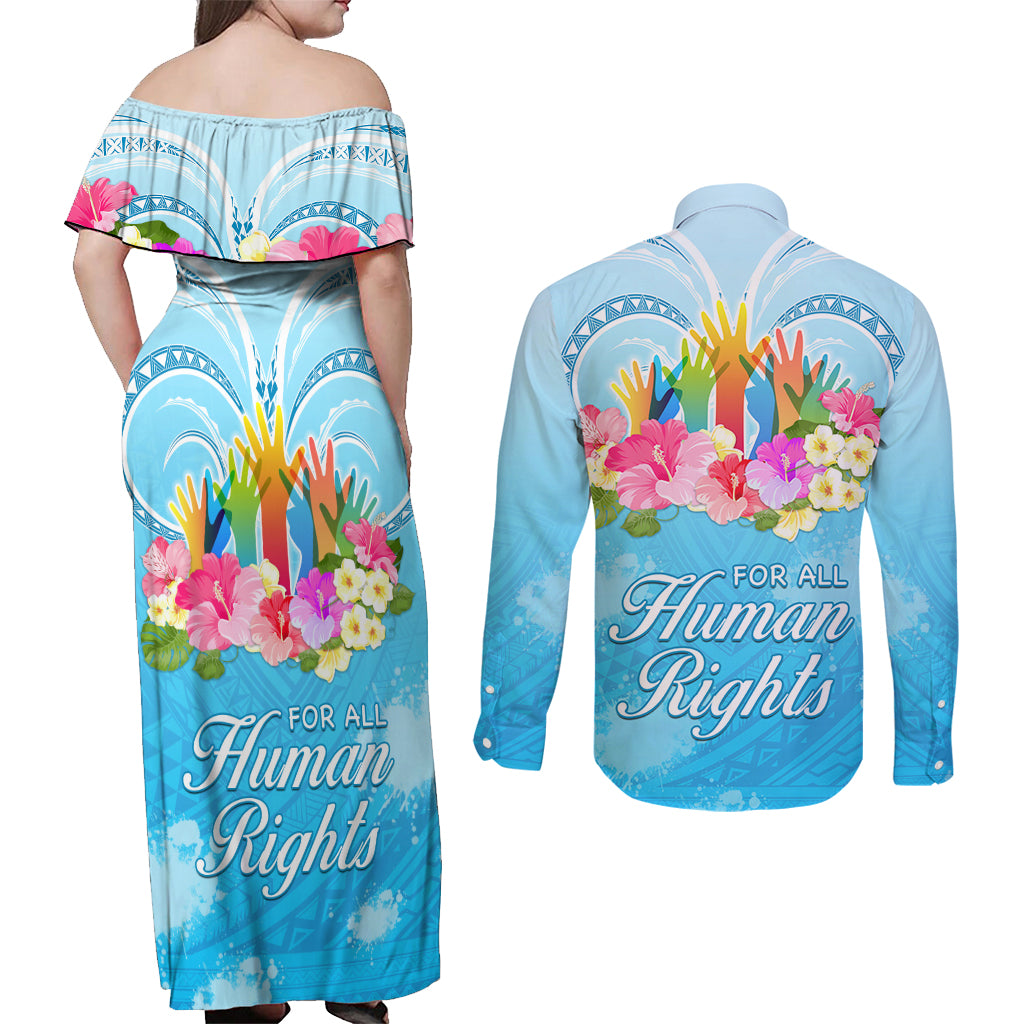 Universal Human Rights Month Couples Matching Off Shoulder Maxi Dress and Long Sleeve Button Shirt Polynesian Style LT05 - Polynesian Pride