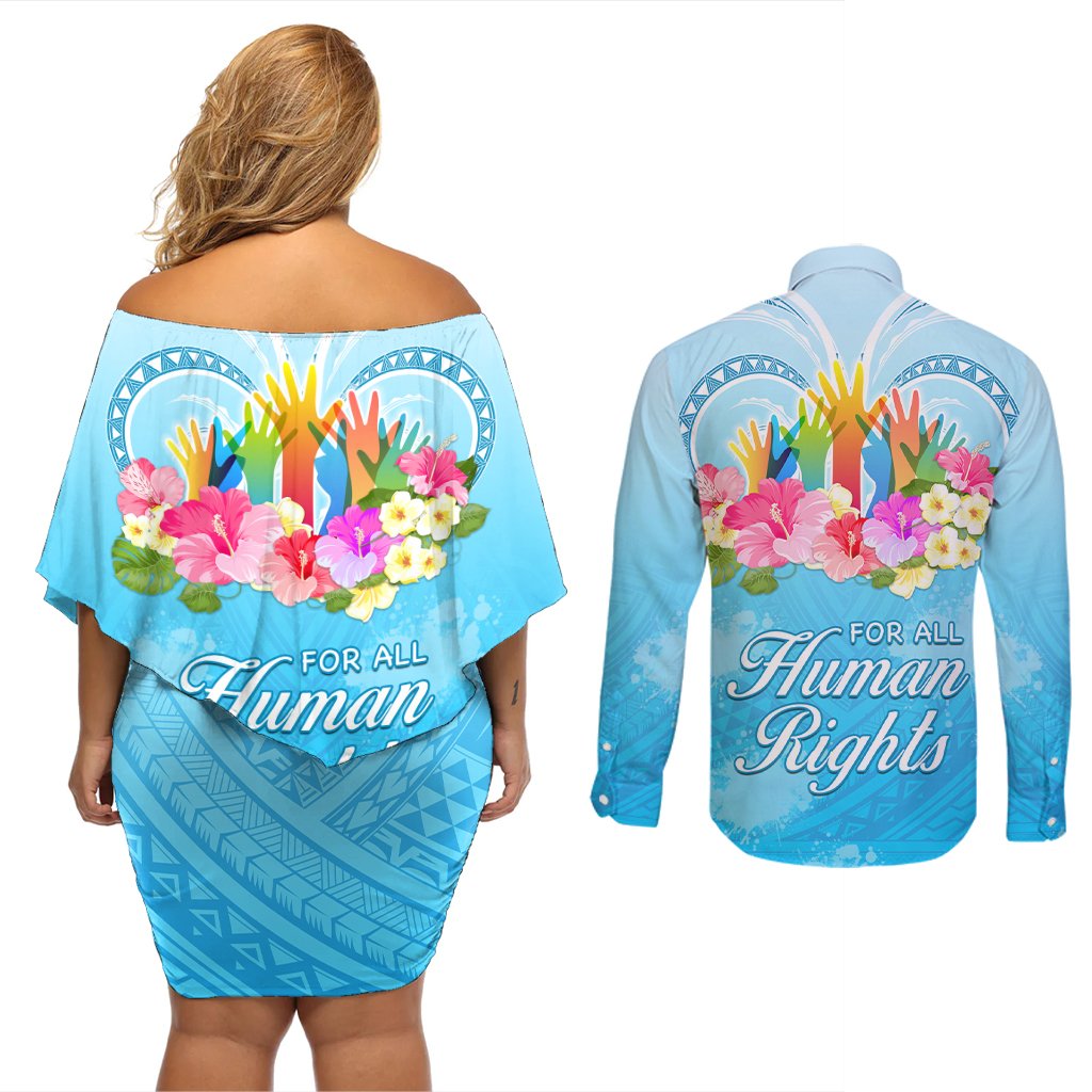 Universal Human Rights Month Couples Matching Off Shoulder Short Dress and Long Sleeve Button Shirt Polynesian Style LT05 - Polynesian Pride