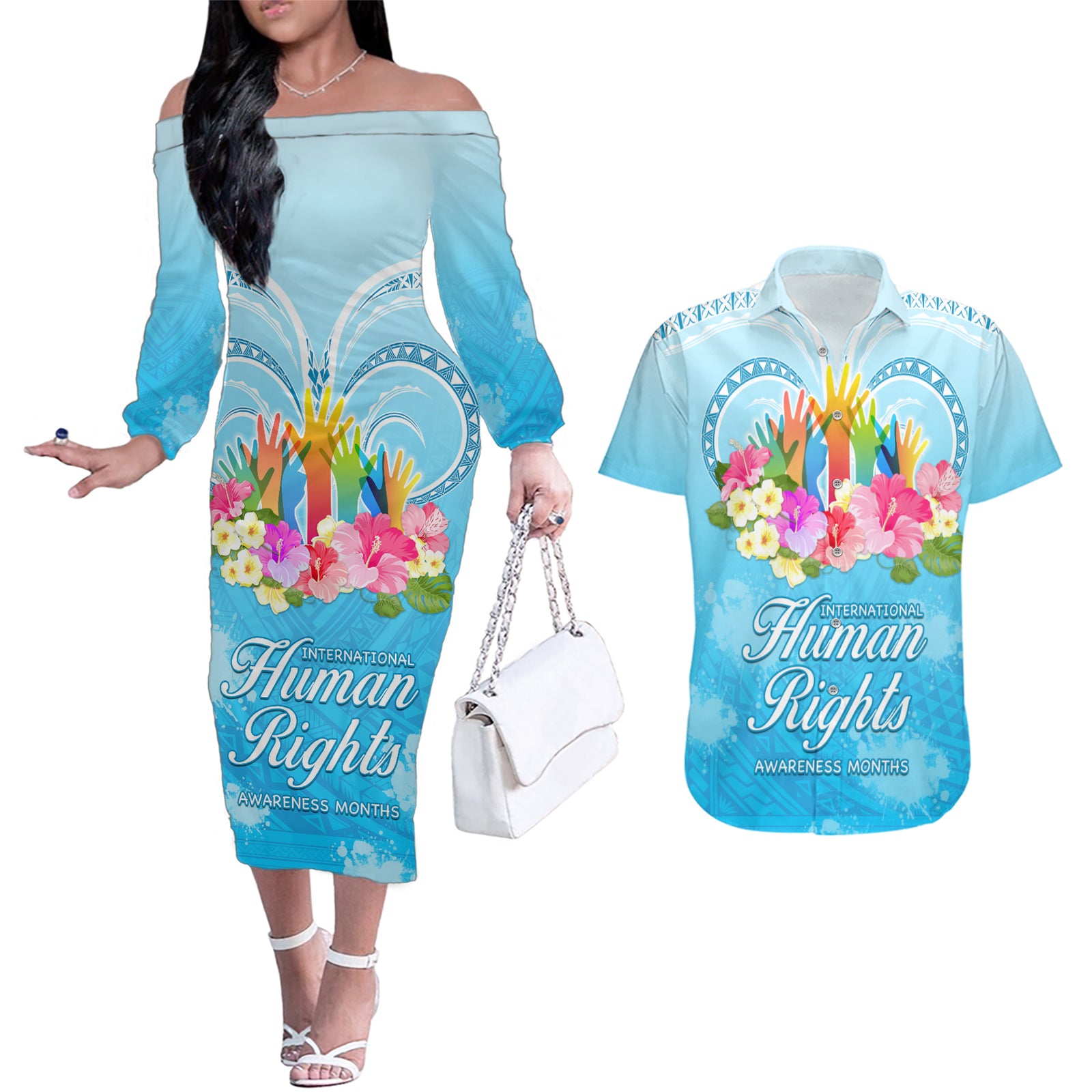 Universal Human Rights Month Couples Matching Off The Shoulder Long Sleeve Dress and Hawaiian Shirt Polynesian Style LT05 Blue - Polynesian Pride